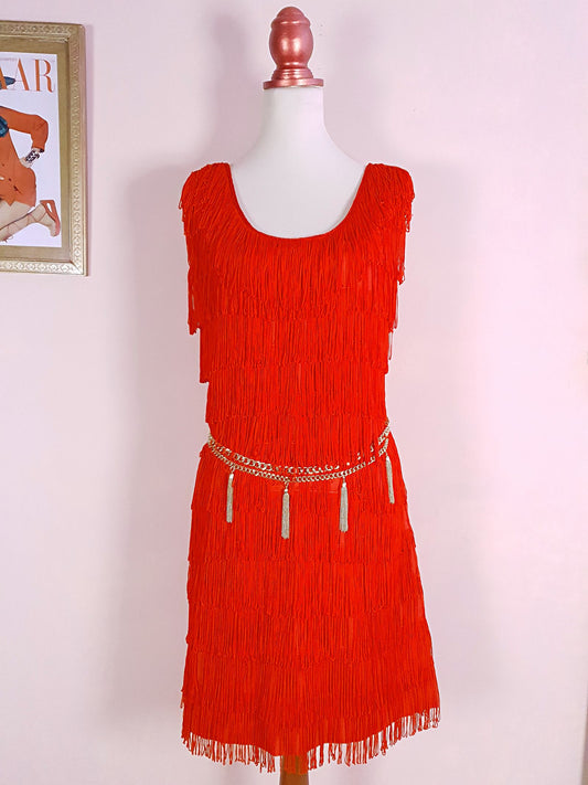 Spectacular Vintage 1970s Orange Tassel Dress - Size 18/20