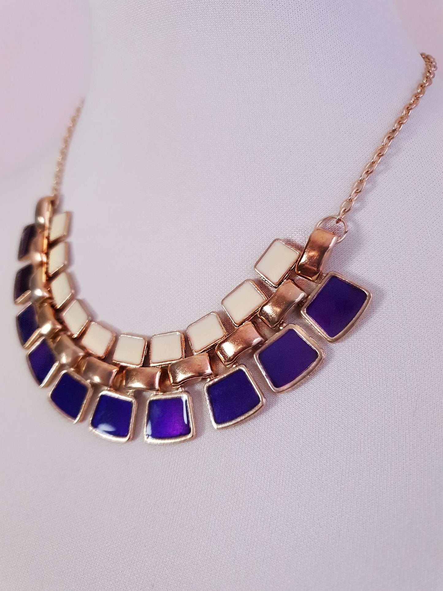 Vintage Purple & Cream Enamel Necklace Egyptian Revival