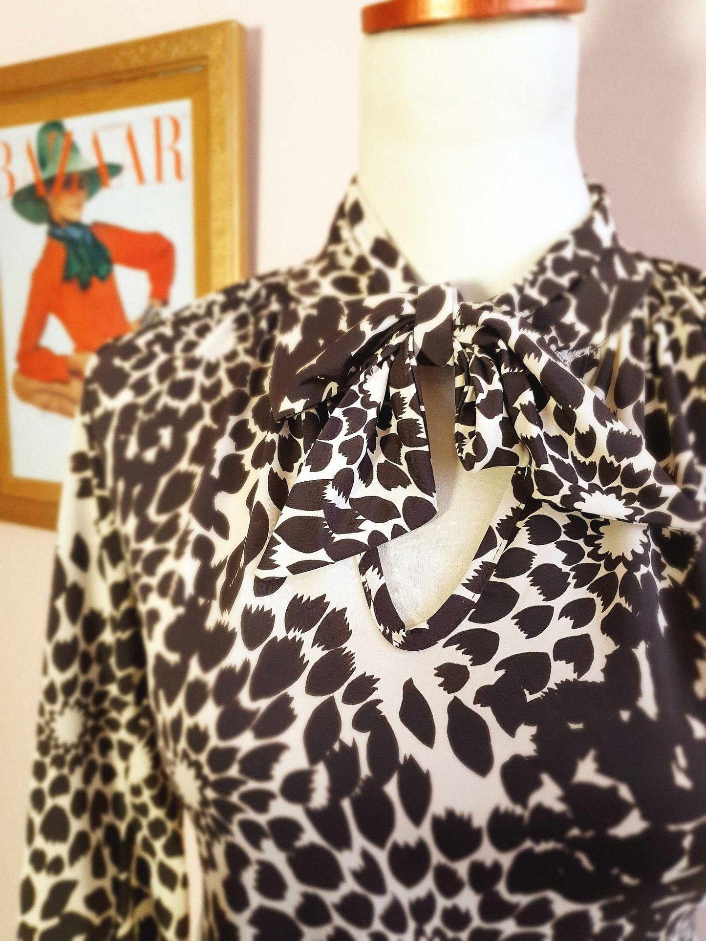Vintage Floral Leaf Bow Dress Brown White Midi Retro 1970s- Size 10