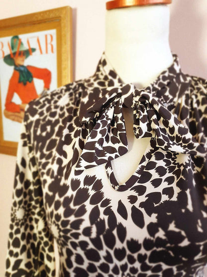 Vintage Floral Leaf Bow Dress Brown White Midi Retro 1970s- Size 10