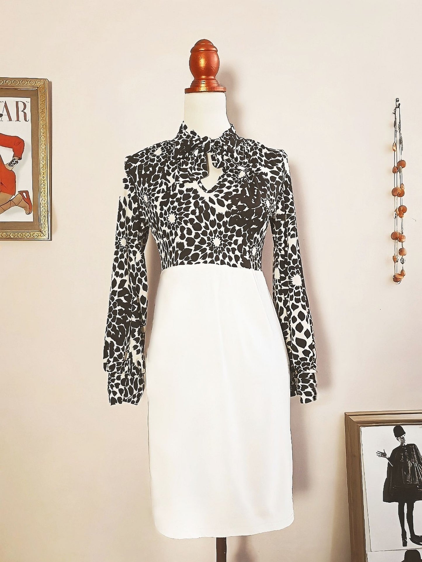 Vintage Floral Leaf Bow Dress Brown White Midi Retro 1970s- Size 10