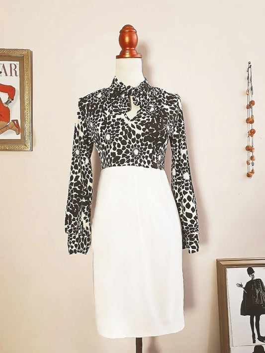 Vintage Floral Leaf Bow Dress Brown White Midi Retro 1970s- Size 10