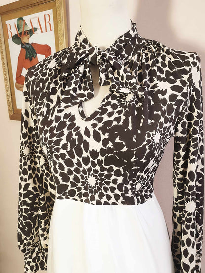 Vintage Floral Leaf Bow Dress Brown White Midi Retro 1970s- Size 10
