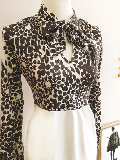 Vintage Floral Leaf Bow Dress Brown White Midi Retro 1970s- Size 10