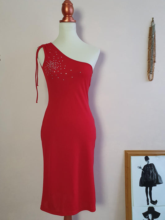 Vintage 1990s Red Party Dress - Size 10 Midi Diamante Off the Shoulder