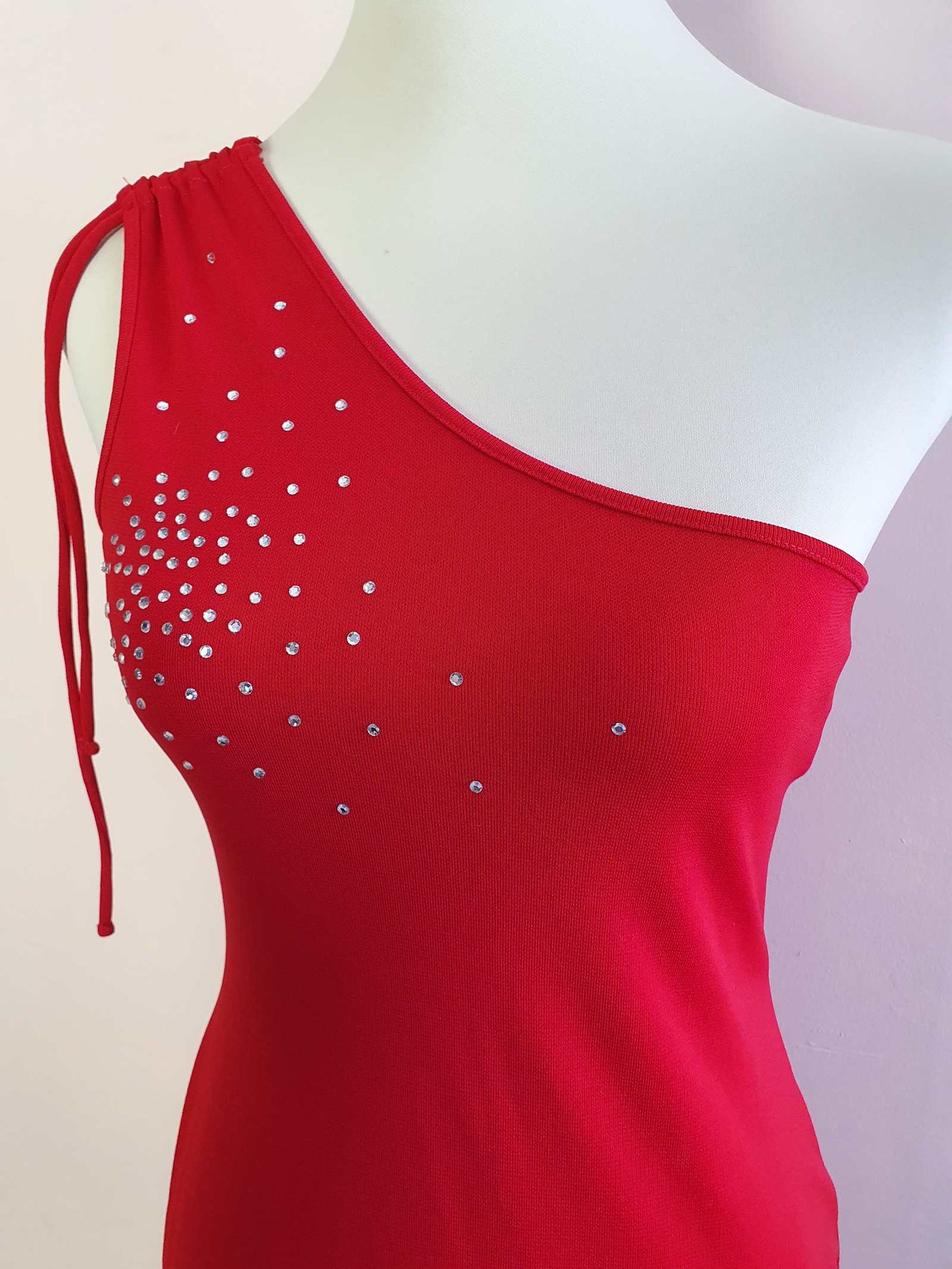 Vintage 1990s Red Party Dress - Size 10 Midi Diamante Off the Shoulder