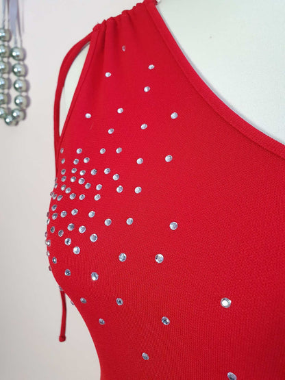 Vintage 1990s Red Party Dress - Size 10 Midi Diamante Off the Shoulder