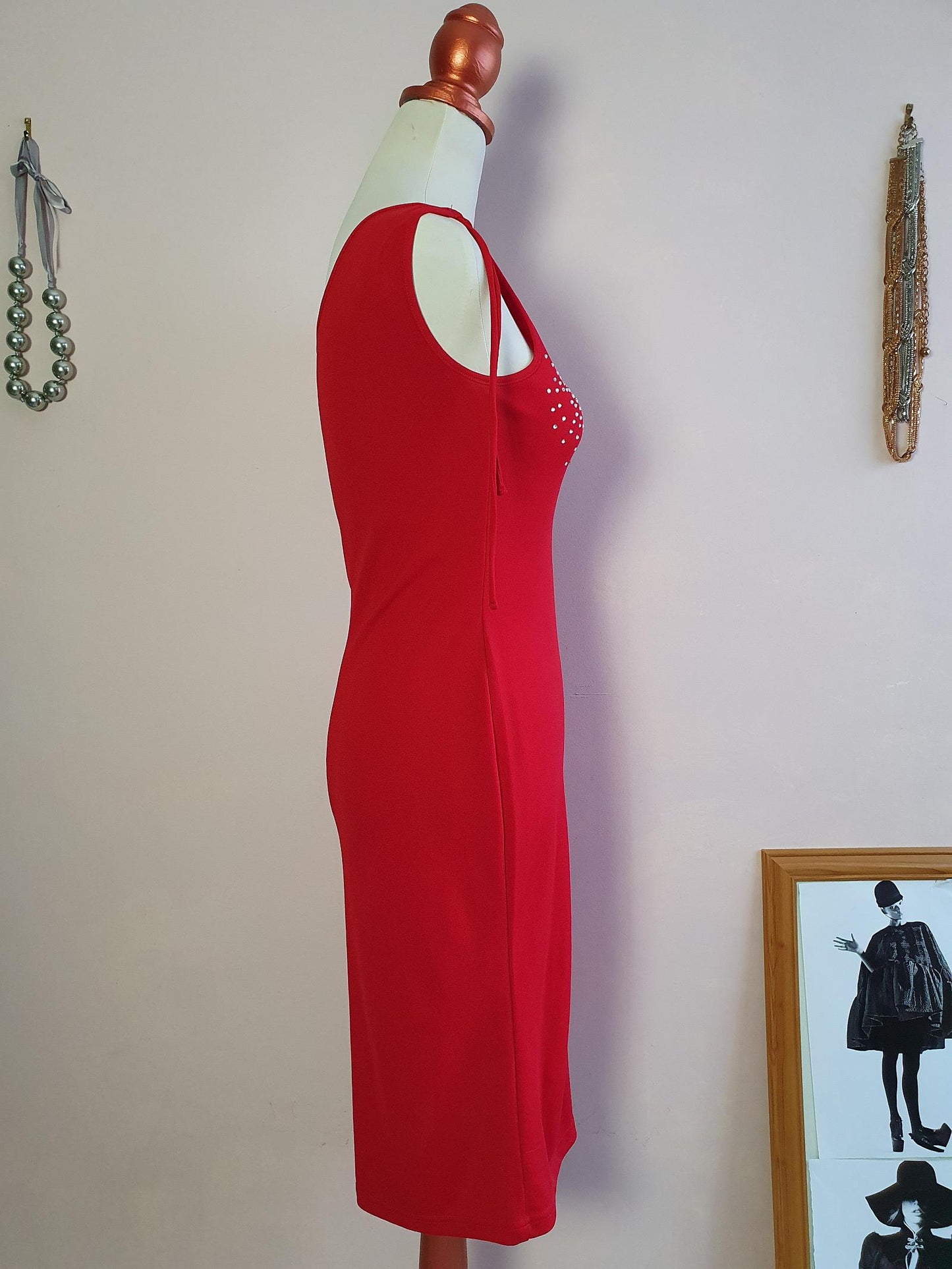 Vintage 1990s Red Party Dress - Size 10 Midi Diamante Off the Shoulder