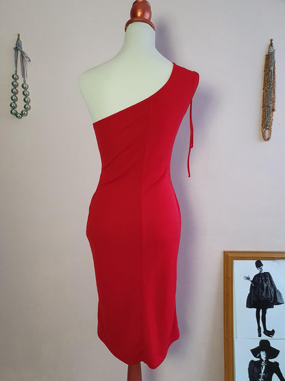 Vintage 1990s Red Party Dress - Size 10 Midi Diamante Off the Shoulder