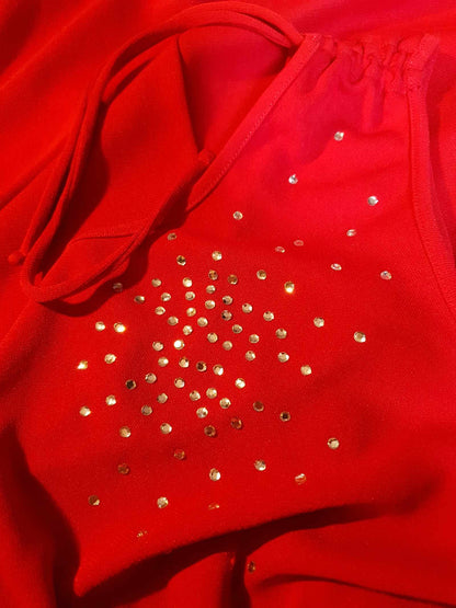 Vintage 1990s Red Party Dress - Size 10 Midi Diamante Off the Shoulder
