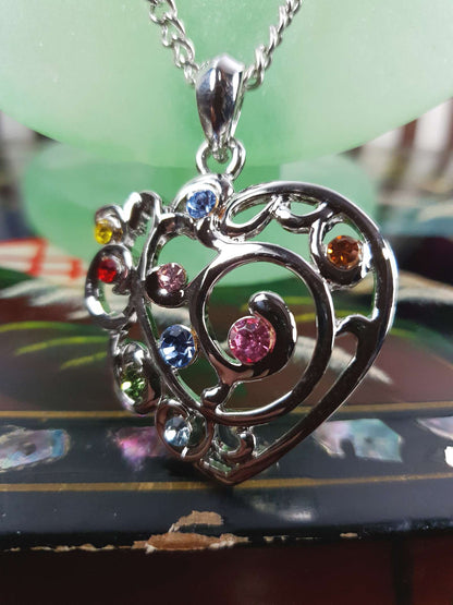 Vintage Filigree Rhinestone Heart Boho Pendant Necklace