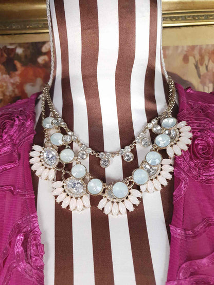 Vintage Aqua Pink Rhinestone Statement Necklace Three Tier Layered Y2K