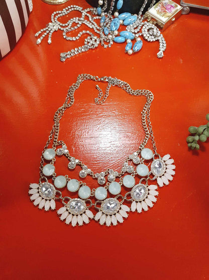 Vintage Aqua Pink Rhinestone Statement Necklace Three Tier Layered Y2K