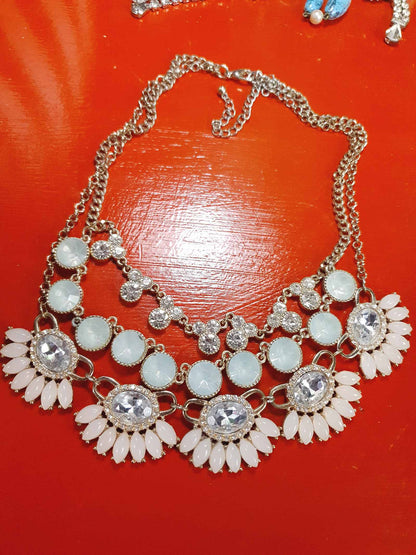 Vintage Aqua Pink Rhinestone Statement Necklace Three Tier Layered Y2K