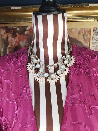 Vintage Aqua Pink Rhinestone Statement Necklace Three Tier Layered Y2K