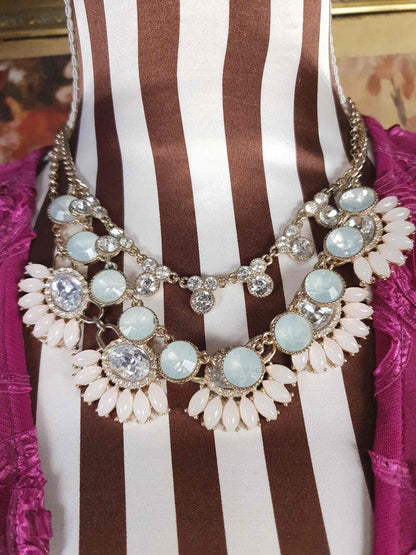Vintage Aqua Pink Rhinestone Statement Necklace Three Tier Layered Y2K