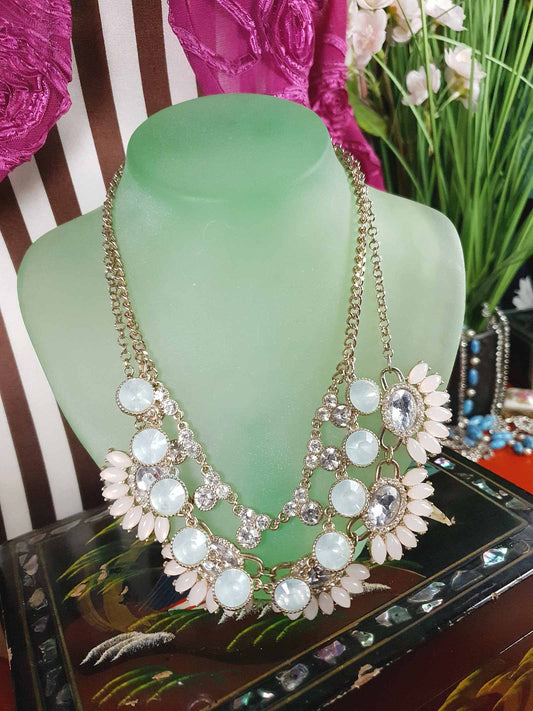 Vintage Aqua Pink Rhinestone Statement Necklace Three Tier Layered Y2K