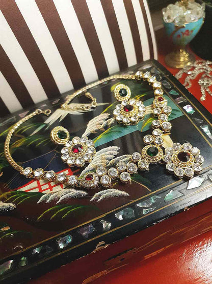 Vintage 1980s Rhinestone Necklace Earrings Set Demi Parure Clear Green Red