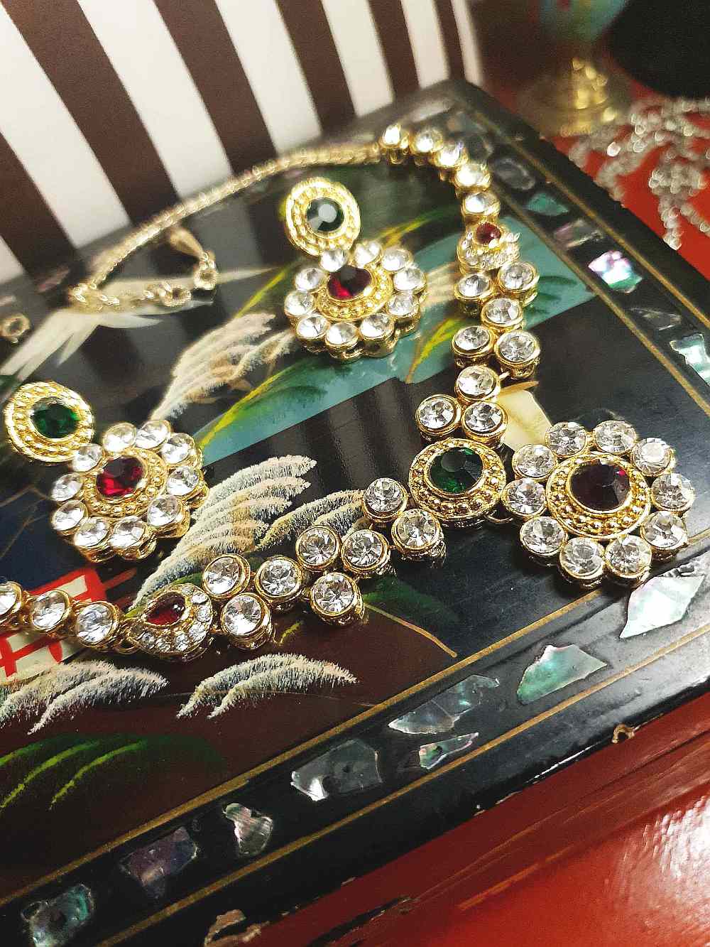 Vintage 1980s Rhinestone Necklace Earrings Set Demi Parure Clear Green Red