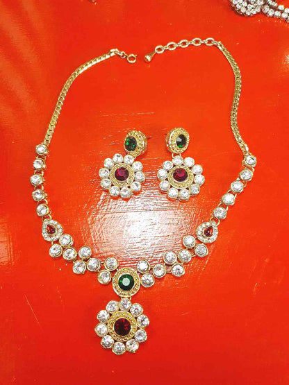 Vintage 1980s Rhinestone Necklace Earrings Set Demi Parure Clear Green Red