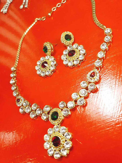 Vintage 1980s Rhinestone Necklace Earrings Set Demi Parure Clear Green Red