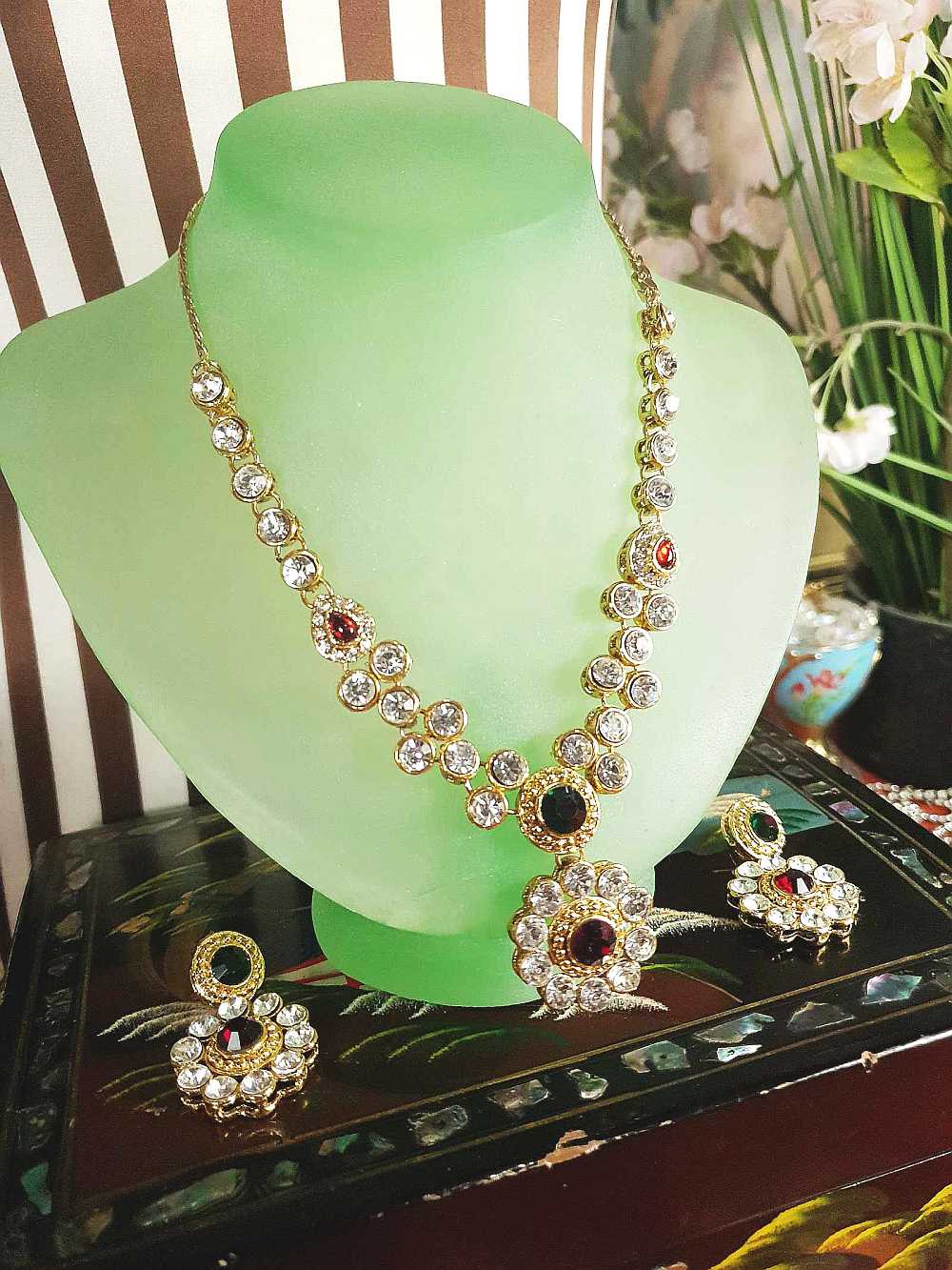 Vintage 1980s Rhinestone Necklace Earrings Set Demi Parure Clear Green Red