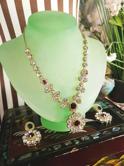 Vintage 1980s Rhinestone Necklace Earrings Set Demi Parure Clear Green Red