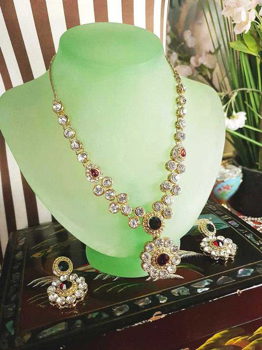 Vintage 1980s Rhinestone Necklace Earrings Set Demi Parure Clear Green Red