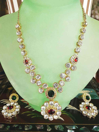 Vintage 1980s Rhinestone Necklace Earrings Set Demi Parure Clear Green Red