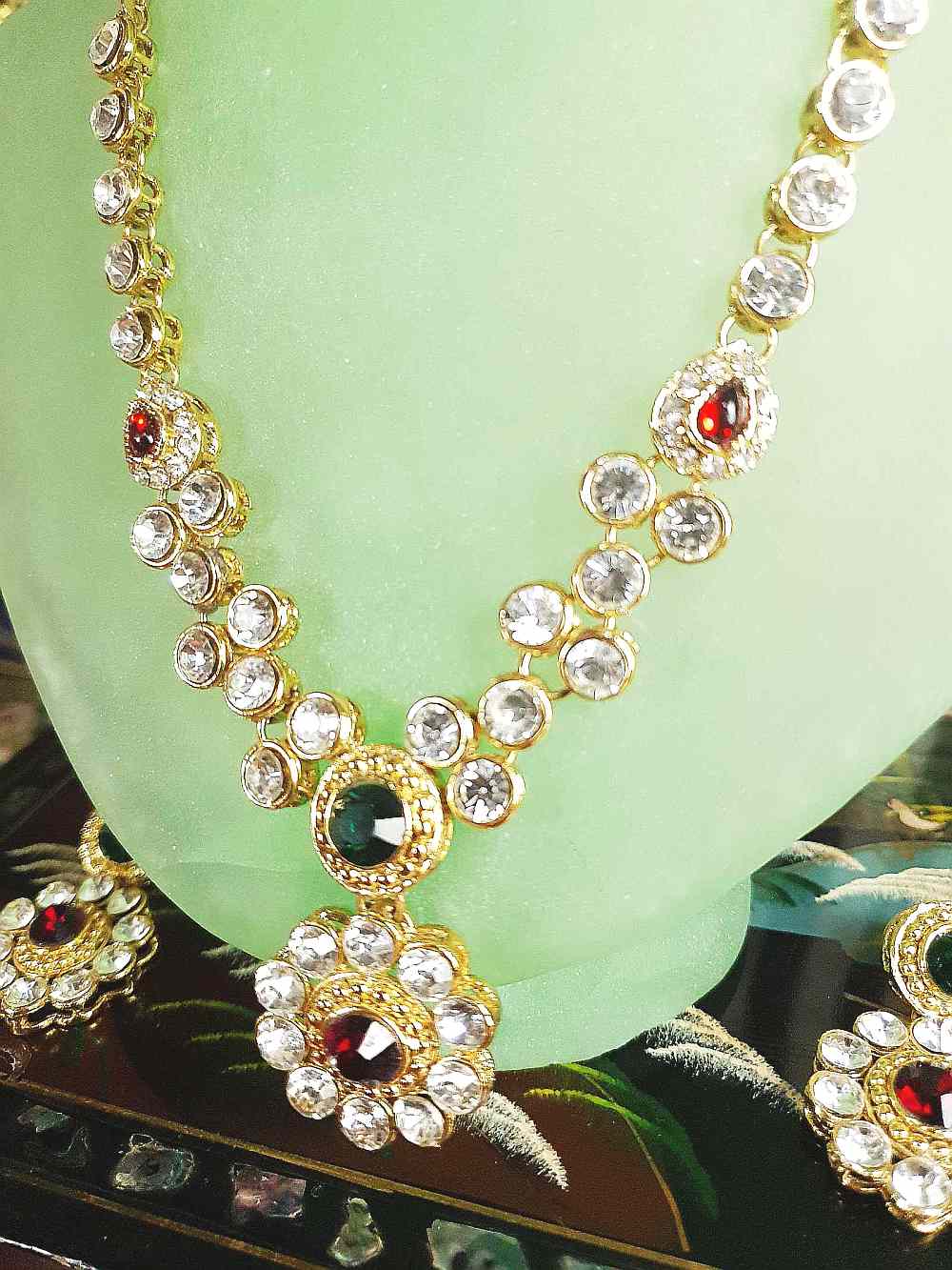 Vintage 1980s Rhinestone Necklace Earrings Set Demi Parure Clear Green Red