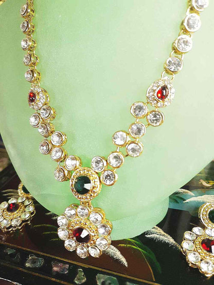 Vintage 1980s Rhinestone Necklace Earrings Set Demi Parure Clear Green Red