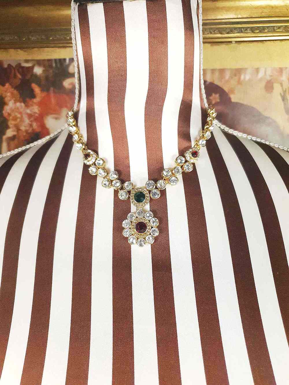 Vintage 1980s Rhinestone Necklace Earrings Set Demi Parure Clear Green Red