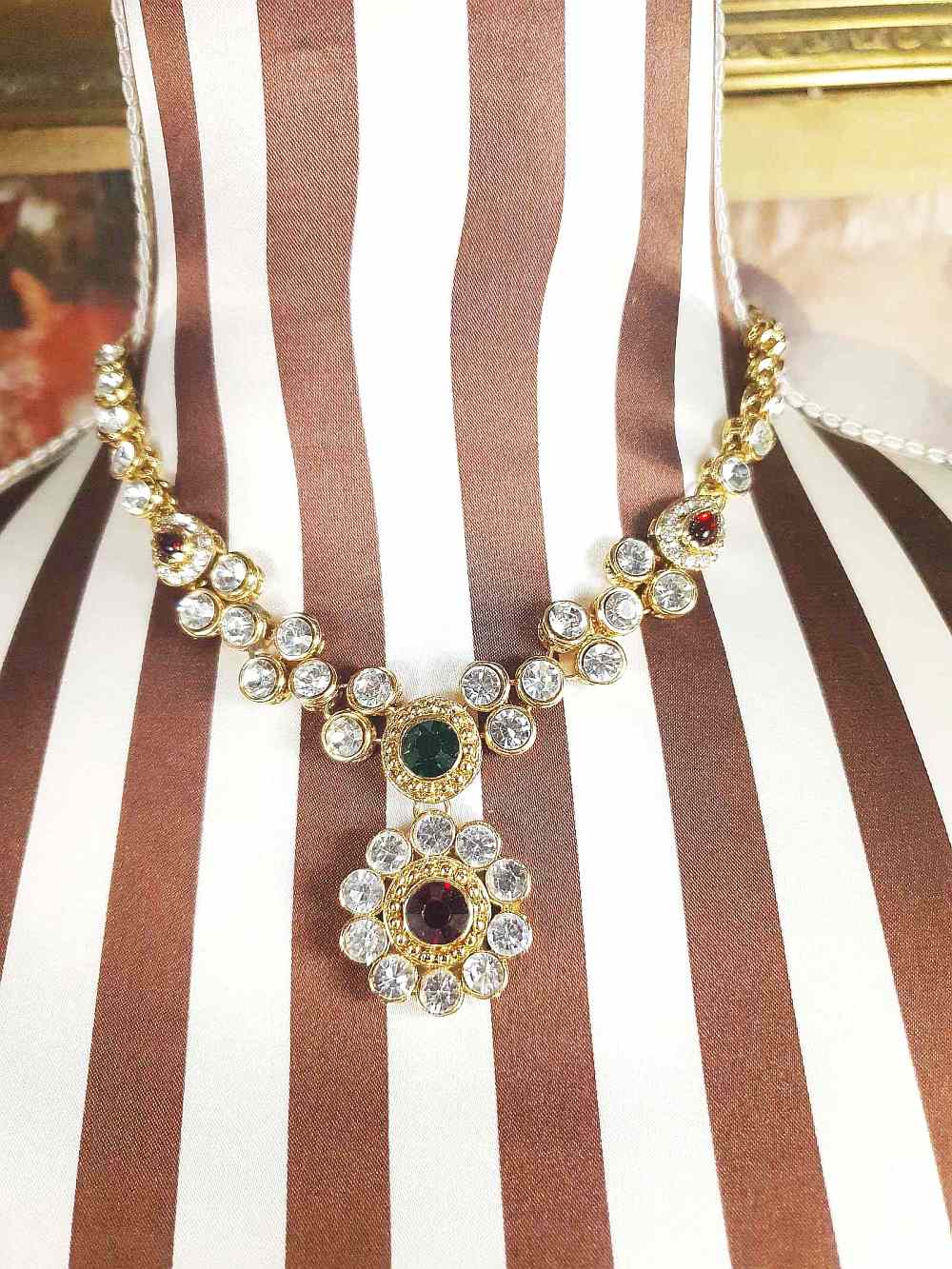 Vintage 1980s Rhinestone Necklace Earrings Set Demi Parure Clear Green Red