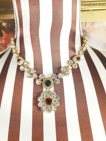 Vintage 1980s Rhinestone Necklace Earrings Set Demi Parure Clear Green Red