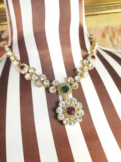 Vintage 1980s Rhinestone Necklace Earrings Set Demi Parure Clear Green Red