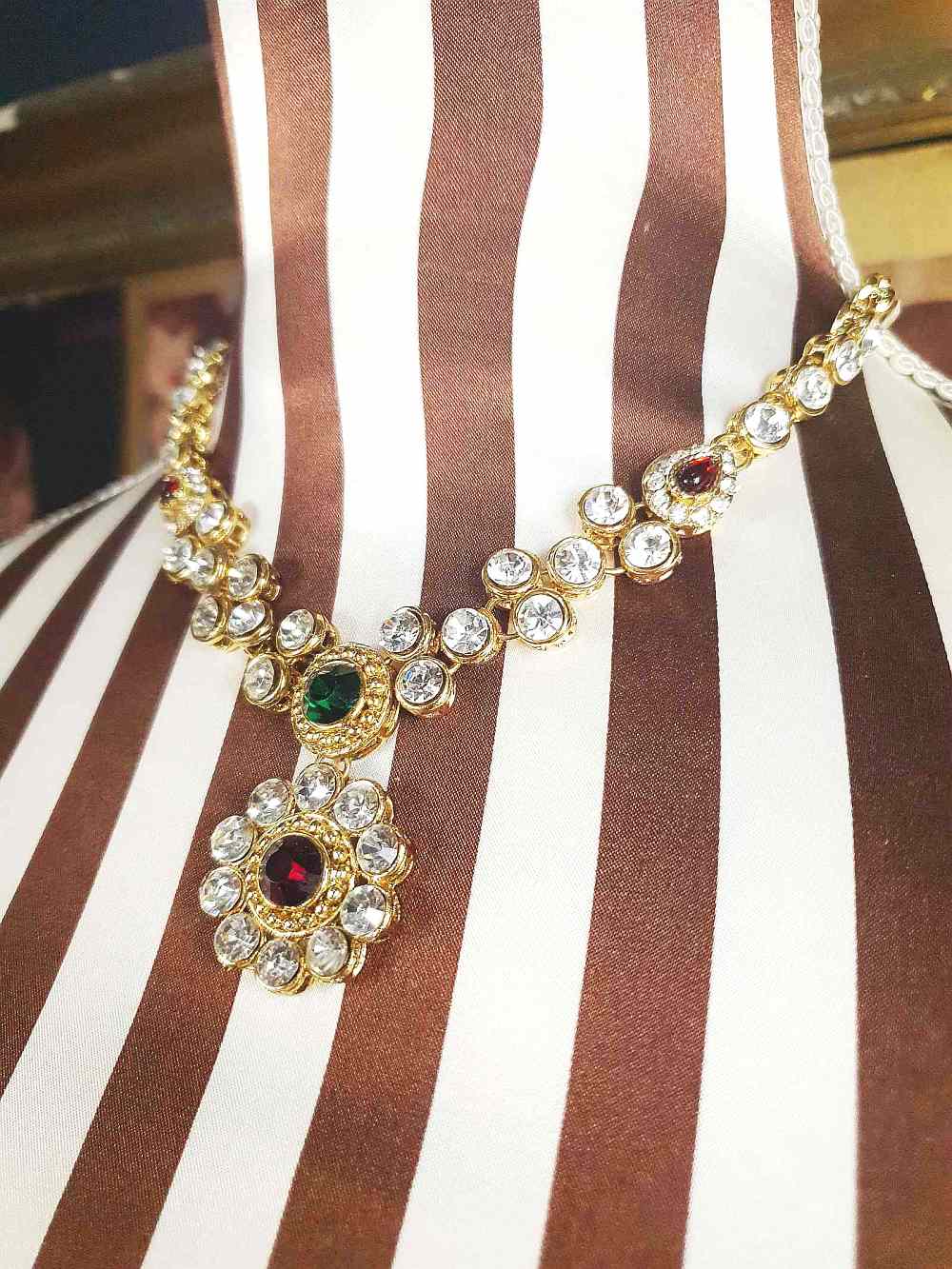 Vintage 1980s Rhinestone Necklace Earrings Set Demi Parure Clear Green Red