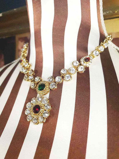 Vintage 1980s Rhinestone Necklace Earrings Set Demi Parure Clear Green Red