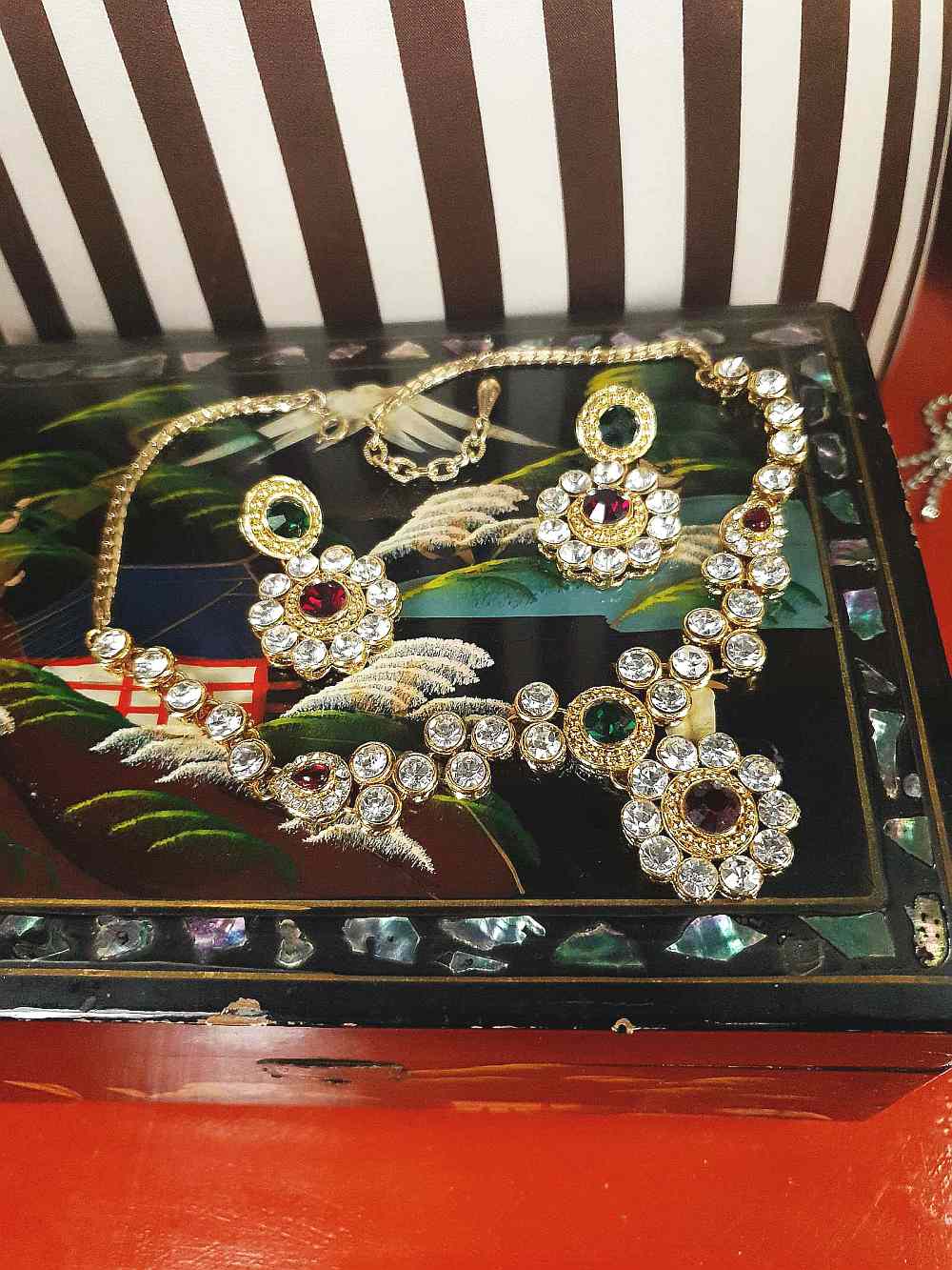 Vintage 1980s Rhinestone Necklace Earrings Set Demi Parure Clear Green Red