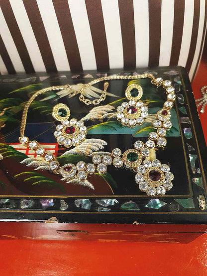 Vintage 1980s Rhinestone Necklace Earrings Set Demi Parure Clear Green Red