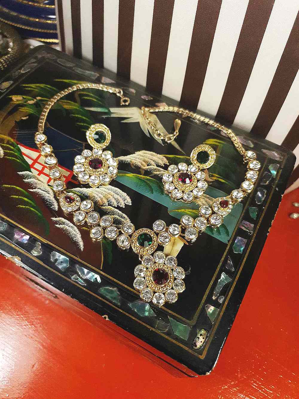 Vintage 1980s Rhinestone Necklace Earrings Set Demi Parure Clear Green Red