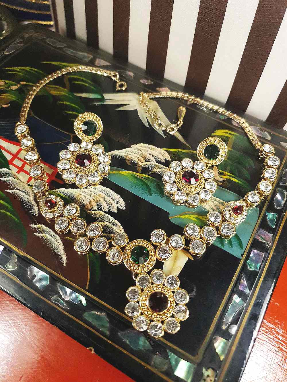 Vintage 1980s Rhinestone Necklace Earrings Set Demi Parure Clear Green Red