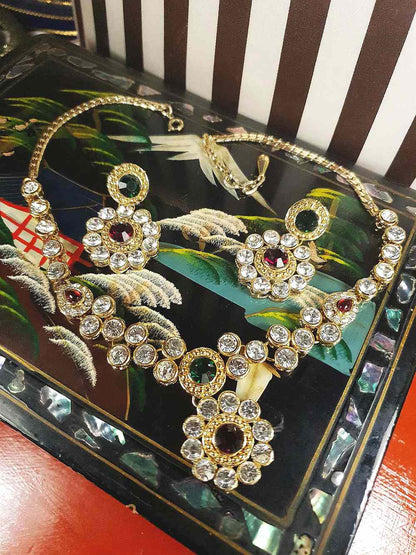 Vintage 1980s Rhinestone Necklace Earrings Set Demi Parure Clear Green Red