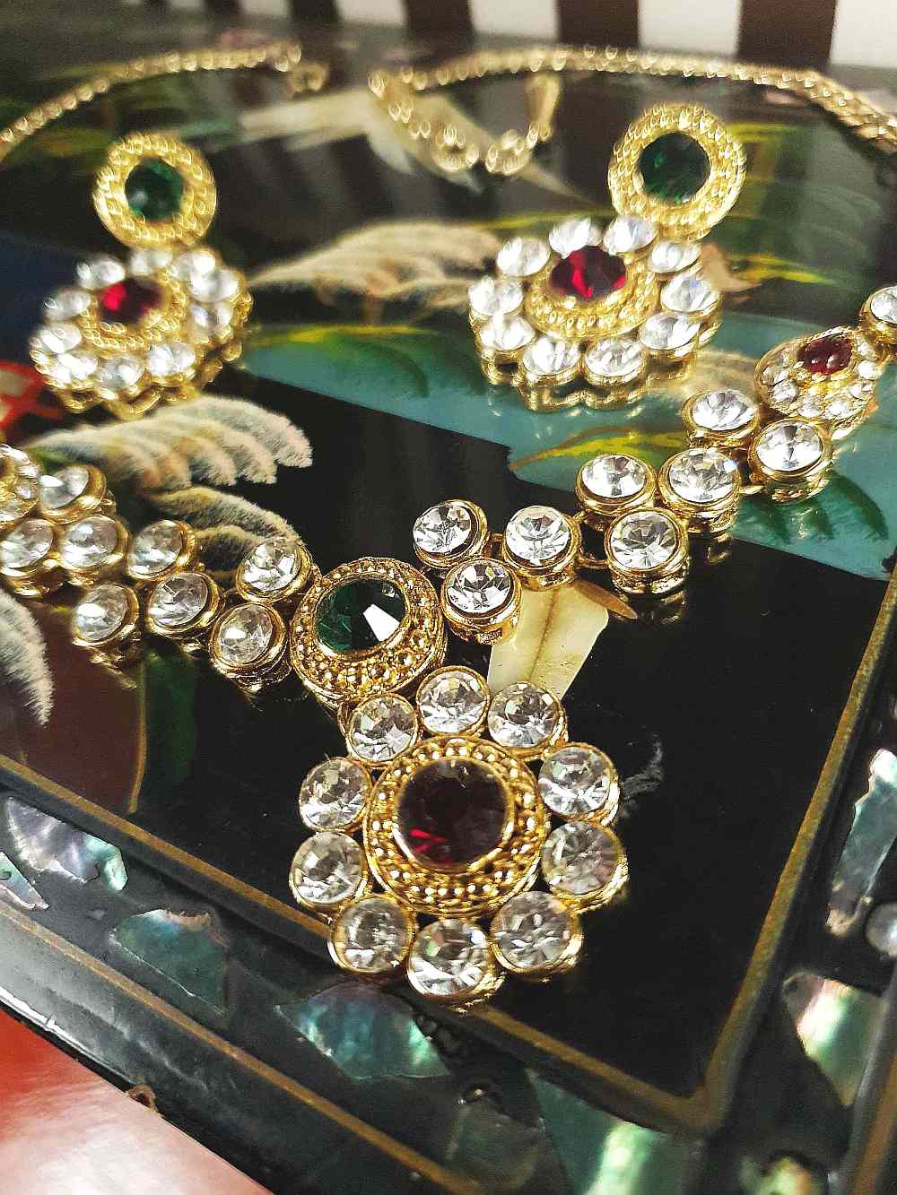 Vintage 1980s Rhinestone Necklace Earrings Set Demi Parure Clear Green Red