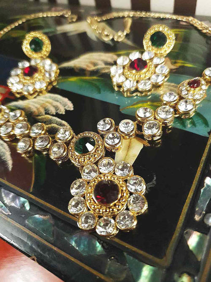 Vintage 1980s Rhinestone Necklace Earrings Set Demi Parure Clear Green Red