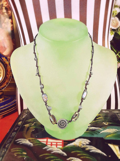 Vintage 1970s Sterling Silver Necklace 16.5" Artisan Abalone Shell Boho Bohemian Choker 925