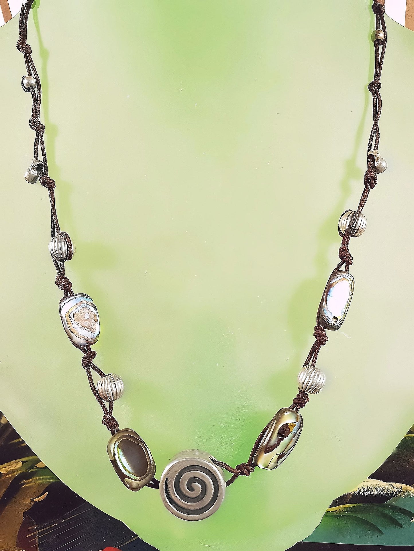 Vintage 1970s Sterling Silver Necklace 16.5" Artisan Abalone Shell Boho Bohemian Choker 925