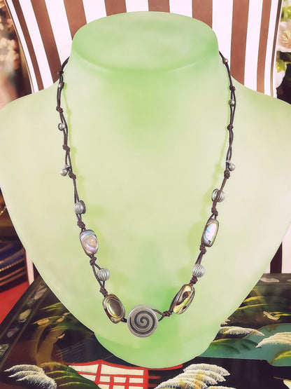 Vintage 1970s Sterling Silver Necklace 16.5" Artisan Abalone Shell Boho Bohemian Choker 925