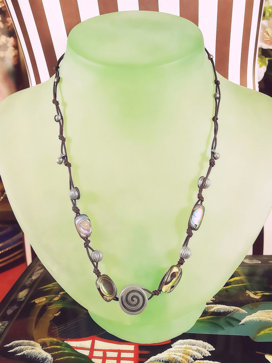 Vintage 1970s Sterling Silver Necklace 16.5" Artisan Abalone Shell Boho Bohemian Choker 925