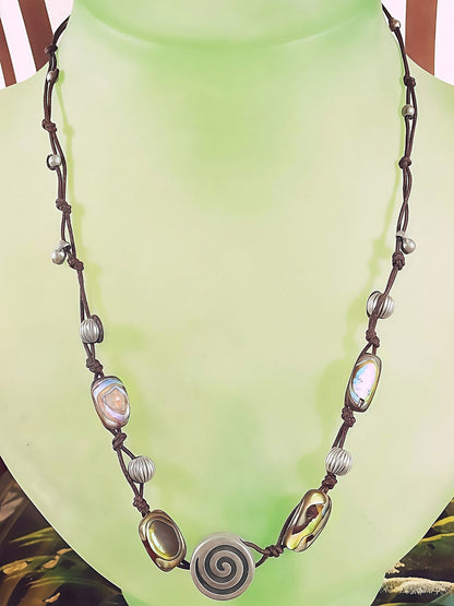 Vintage 1970s Sterling Silver Necklace 16.5" Artisan Abalone Shell Boho Bohemian Choker 925