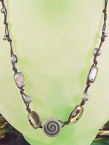 Vintage 1970s Sterling Silver Necklace 16.5" Artisan Abalone Shell Boho Bohemian Choker 925